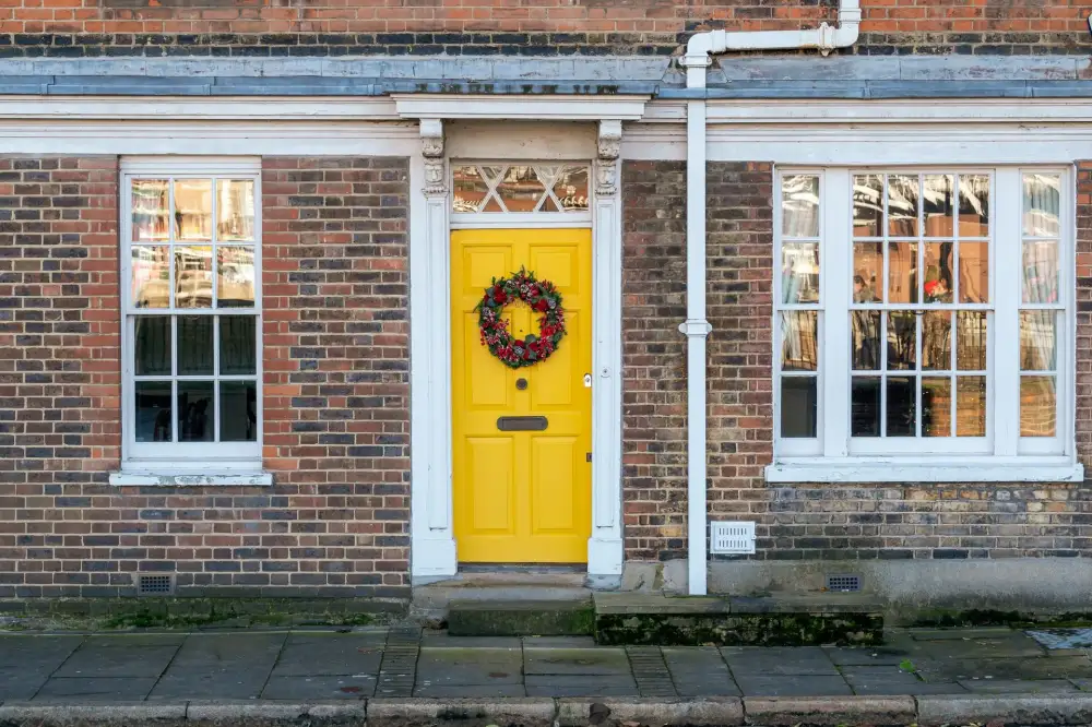 Yellow front door on a red-brick Victorian house – residential locksmith Consett front door security check by Locksmith Consett